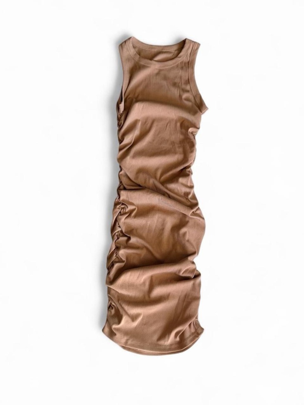 Khaki Ribbed Ruched Bodycon Tank Mini Dress XS